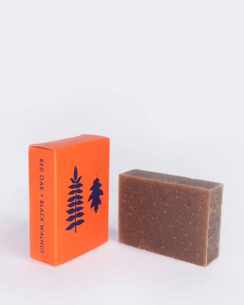 the ALTR Sage & Sea Salt Bar Soap sitting on its side beside its box against a neutral background