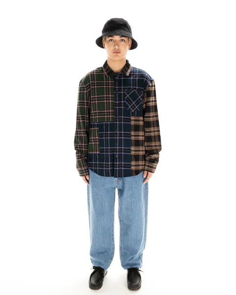Taikan Patchwork Shirt in Tan Navy Forest