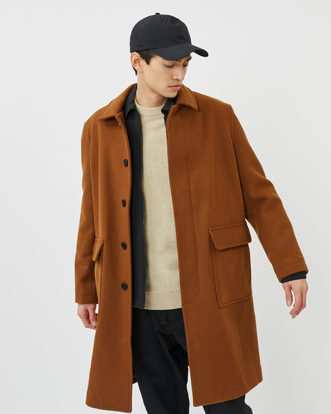 Minimum Men's Balano Coat in Monks Robe close up on model
