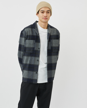 Load image into Gallery viewer, Minimum Men's Laurel Overshirt in Grey Melange worn over a white tee paired with black pants and a beige beanie