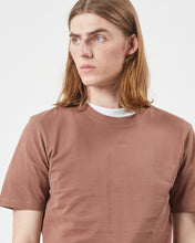Load image into Gallery viewer, close up view of the Minimum Men's Sims T-Shirt in Clove on a model looking to one side