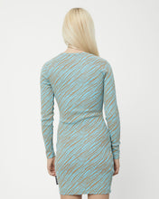 Load image into Gallery viewer, close up of the back view of the Afends Adi Rib Long Sleeve Dress in Blue Stripe on a model
