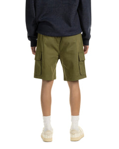  a close up of the back of the Taikan Cargo Shorts in Olive on a model