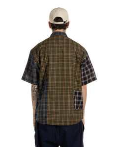 back view of the Taikan Patchwork Shirt in Olive Plaid