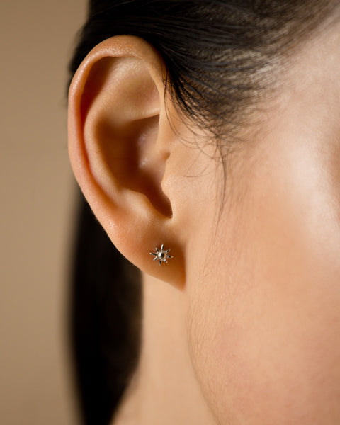 Hunt of Hounds Celestial Stud Earring Set in Silver close up on ear