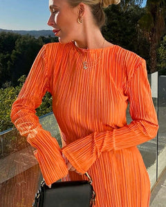 Elanora Women's Pleated Long Sleeve Maxi Dress in Orange