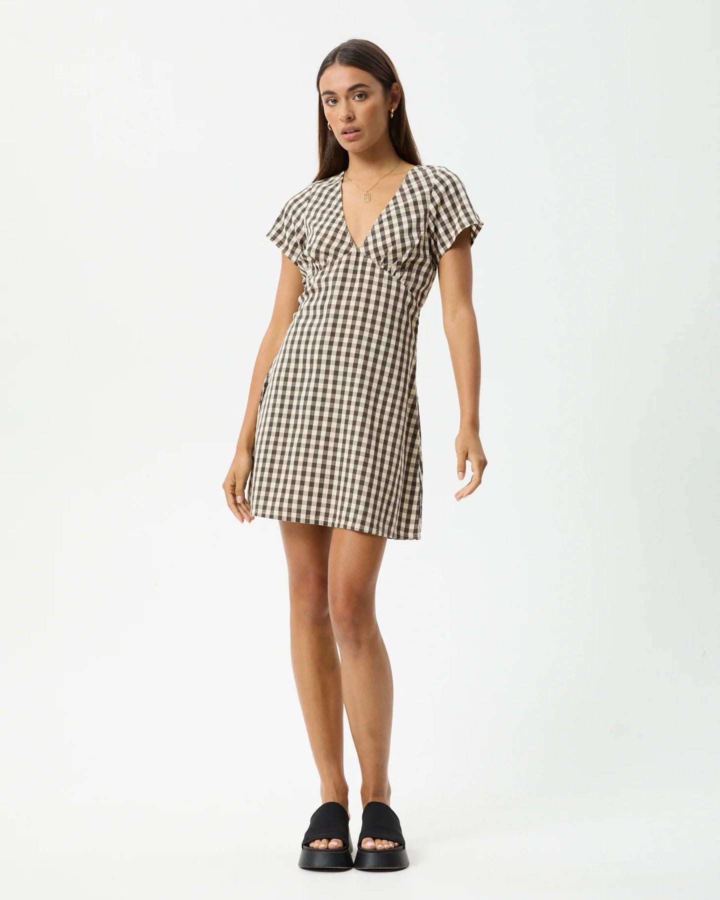 Afends Women's Gambet Tea Dress in Black and Sand Check