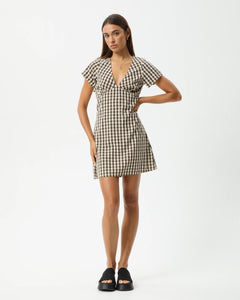 Afends Women's Gambet Tea Dress in Black and Sand Check