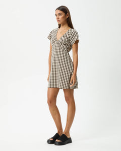 Afends Women's Gambet Tea Dress in Black and Sand Check