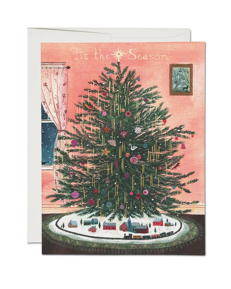 Red Cap Cards Tinsel Tree Holiday Card