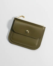 Load image into Gallery viewer, the front of the Small Hours Leather Mini Wallet in Olive laying on an angle against a white background
