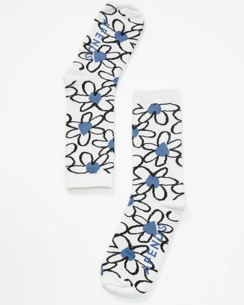 Afends Men's Waterfall Hemp daisy printed Socks laying flat side by side on a white background 