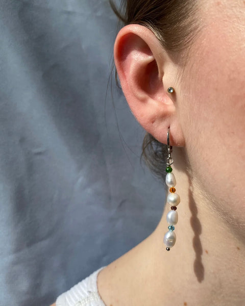 shot of an ear and face half in the frame wearing the Horace Bisera Earring taken against a neutral background
