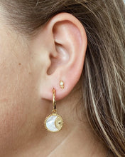 Load image into Gallery viewer, the Horace Gemma Stud Earring shown in an ear in the second piercing along with a dangly earring in the first hole
