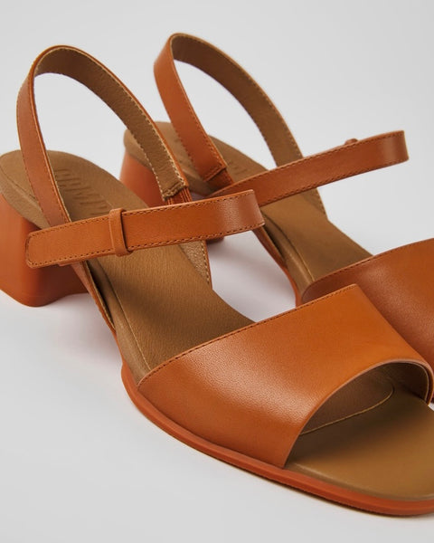 close up angled view of the Camper Women's Katie Sandal in Brown