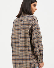 Load image into Gallery viewer, back view of the Dr. Denim Women&#39;s Molly Shirt in Ocean Check on a model posing looking off her right shoulder
