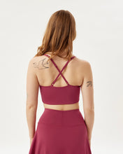 Load image into Gallery viewer, back view of the Girlfriend Collective Ultralight Juliet Bra in Rhododendron on a model

