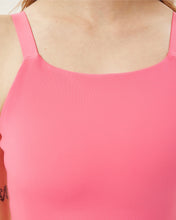 Load image into Gallery viewer, close up view of the neckline of the Girlfriend Collective Mia Bra in Camellia
