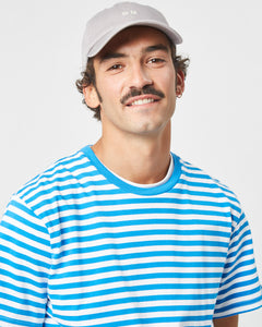 close up of the Minimum Men's Jannus T-Shirt in French Blue on a model