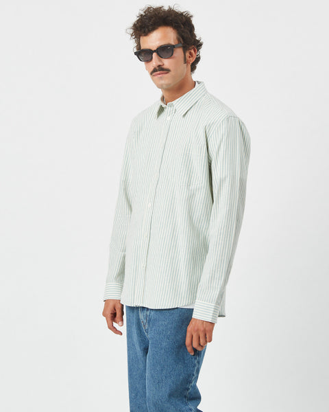 Minimum Men's Jack Shirt in Oil Blue on a model standing on an angle