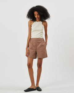 the Minimum Women's Frankila Shorts in Brownie on a model