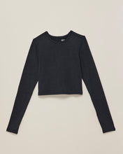 Load image into Gallery viewer, the Girlfriend Collective ReSet Long Sleeve Tee in Black laying flat against a neutral background
