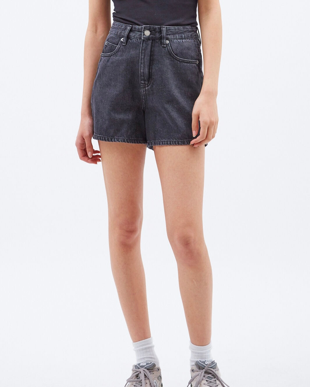 close up of the Dr. Denim Women's Nora Shorts in Retro Black