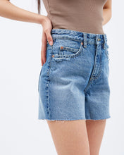 Load image into Gallery viewer, side angle close up of the Dr. Denim Women&#39;s Nora Shorts in Drift Worn Blue on model
