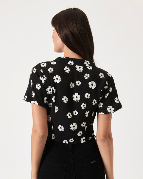 the back view of the Rolla's Folk Floral Susie Top in Black on a model