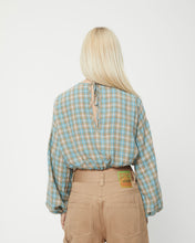 Load image into Gallery viewer, back view of the Afends Women&#39;s Millie Blouse in Tan Check on a model
