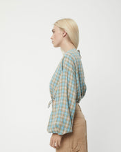 Load image into Gallery viewer, side view of a model wearing the Afends Women&#39;s Millie Blouse in Tan Check
