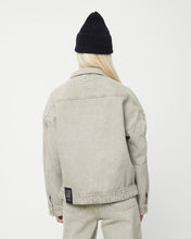 Load image into Gallery viewer, the back view of the Afends Innie Denim Jacket in Faded Cement on a model
