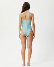 Load image into Gallery viewer, the back view of the Afends Adi Swimsuit in Blue Stripe on a model
