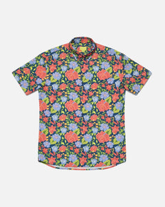 the Poplin & Co Men's Short Sleeve Printed Shirt in Hibiscus laying flat on a white background