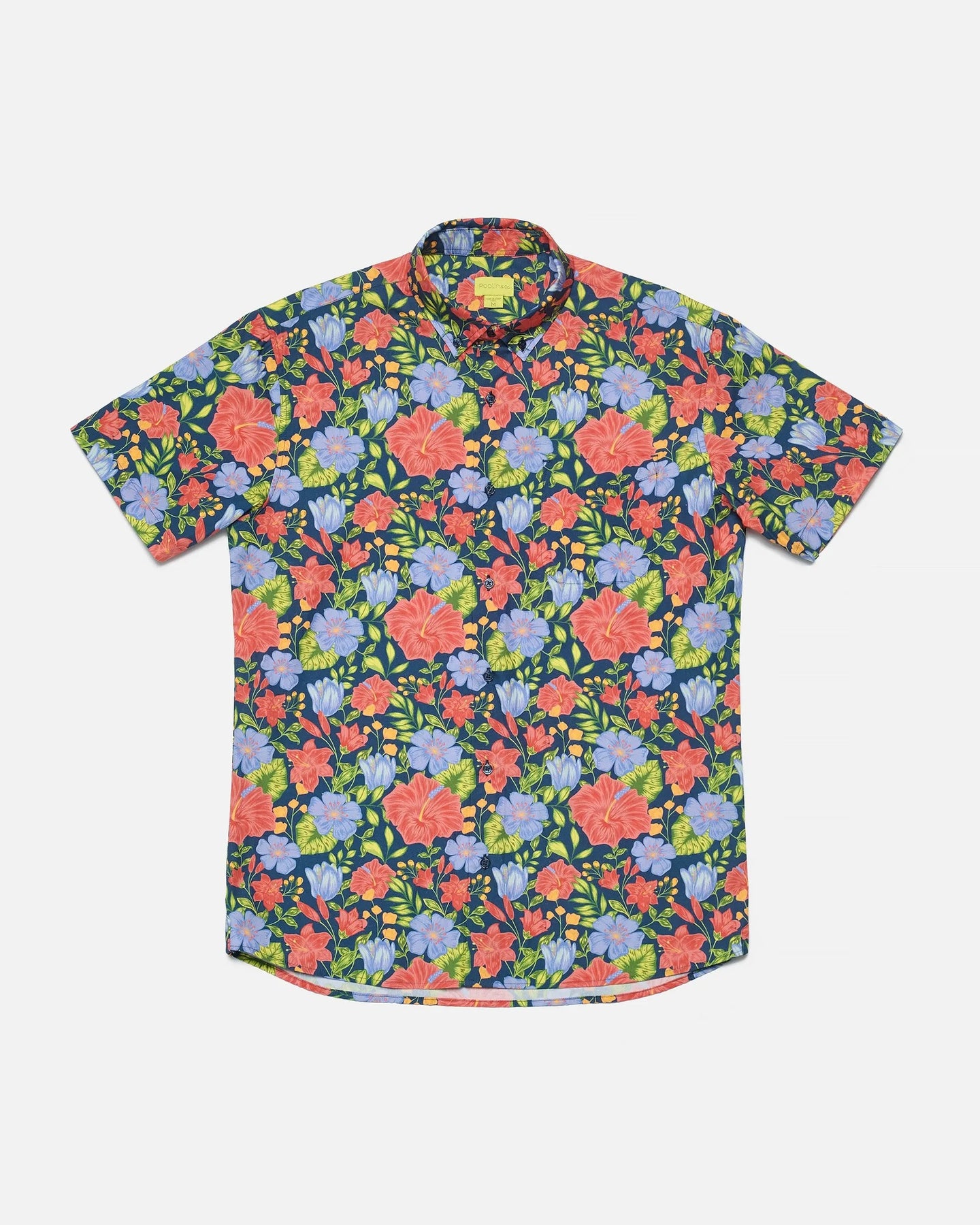the Poplin & Co Men's Short Sleeve Printed Shirt in Hibiscus laying flat on a white background