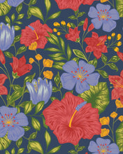 Load image into Gallery viewer, a close up of the Poplin &amp; Co Hibiscus pattern which features big red and blue flowers, small yellow flowers and lush green leaves of different sizes on a dark blue background
