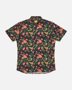 the Poplin & Co Men's Short Sleeve Printed Shirt in Retro Floral laying flat on a white background
