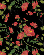 Load image into Gallery viewer, a close up of the Poplin &amp; Co Retro Floral pattern which features a coral flower with yellow centre and green foliage on a black background
