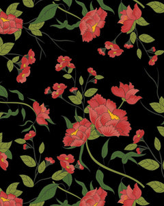 a close up of the Poplin & Co Retro Floral pattern which features a coral flower with yellow centre and green foliage on a black background