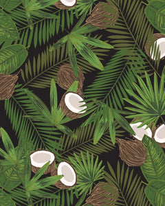a close up of the Poplin & Co split Coconut print which features closed and open coconuts agains a black and leafy green background