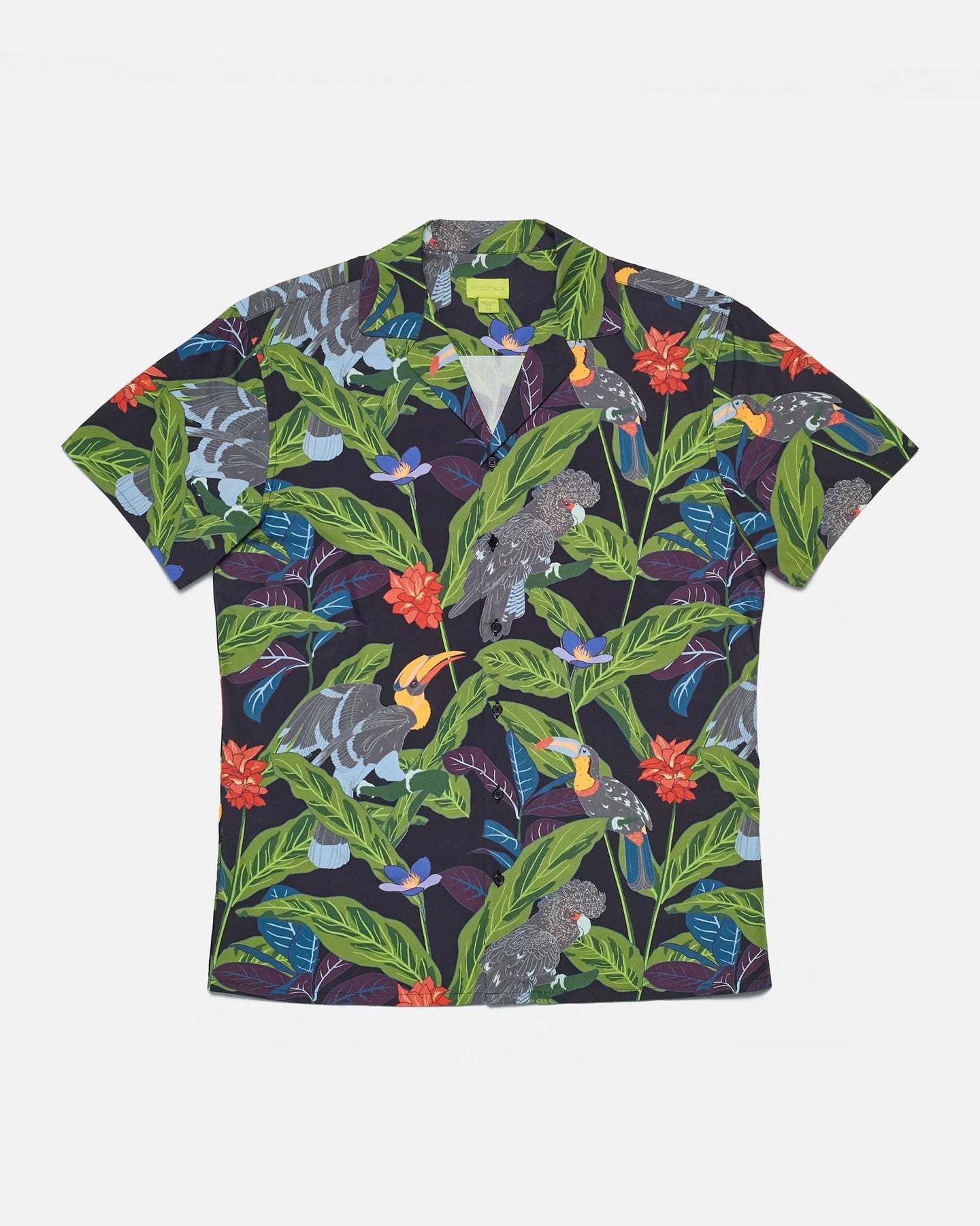 the Poplin & Co Men's Camp Shirt in Tropical Birds laying flat on a white background