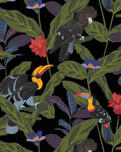 Load image into Gallery viewer, a close up of the Poplin &amp; Co Tropical Birds print featuring toucans and other birds on green leaves and colourful flowers against a black background

