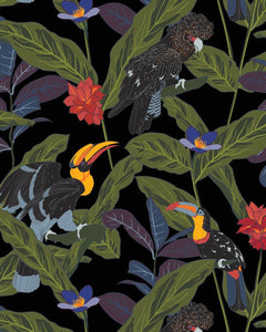a close up of the Poplin & Co Tropical Birds print featuring toucans and other birds on green leaves and colourful flowers against a black background