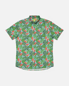 the Poplin & Co Men's Short Sleeve Printed Shirt in Watermelon laying flat on a white background
