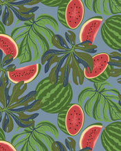 Load image into Gallery viewer, the Poplin &amp; Co Watermelon print which features whole and cut watermelons and big green leaves on a light blue background
