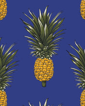 Load image into Gallery viewer, a close up of the Poplin &amp; Co Wild Pineapple print which features a cute pineapple with exaggerated leaves on a royal blue background
