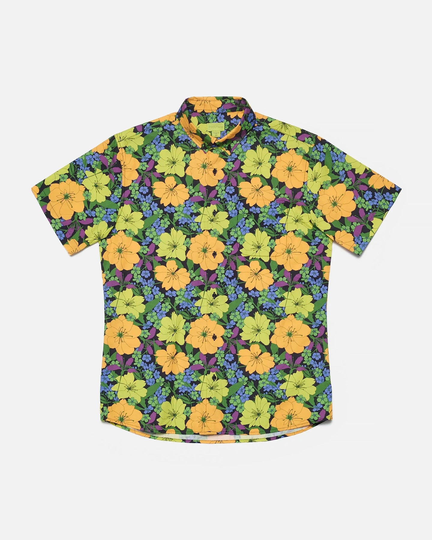 the Poplin & Co Men's Short Sleeve Printed Shirt in Tropical Floral laying flat on a white background
