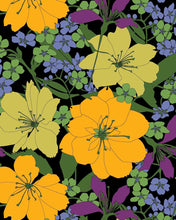 Load image into Gallery viewer, a close up of the Poplin &amp; Co Tropical floral pattern which features giant yellow and orange blooms, small purple and green flowers and foliage on a black background
