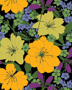 a close up of the Poplin & Co Tropical floral pattern which features giant yellow and orange blooms, small purple and green flowers and foliage on a black background
