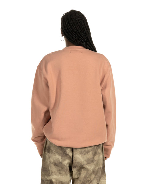 close up of the back of the Taikan Custom Crew Sweatshirt in Salmon on a model